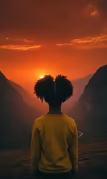 the back of a woman with dark hair stands on a mountaintop