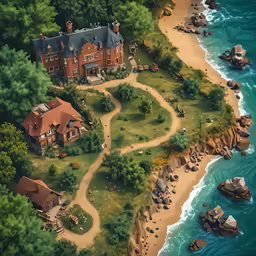 an aerial view of an oceanfront area with houses and trees
