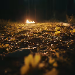 leaves laying on the ground in front of some torches