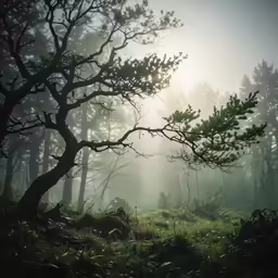 sun shining through the fog in the forest