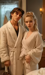 a woman and a man posing for the camera in robes