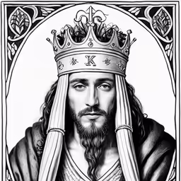 a black and white drawing of a man with a crown on his head