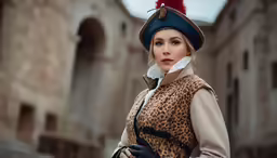 a woman wearing an unusual hat and dress in a courtyard