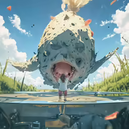 a woman standing near an animal upside down