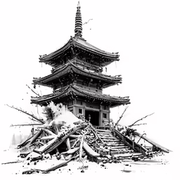 a drawing with a black and white picture of a tower