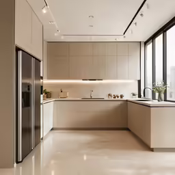 a kitchen with a long counter and an open refrigerator