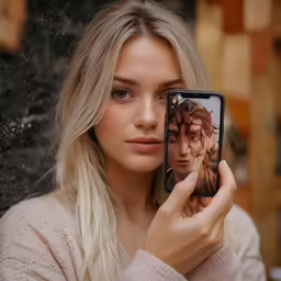 a woman holding a cell phone with an image of a person