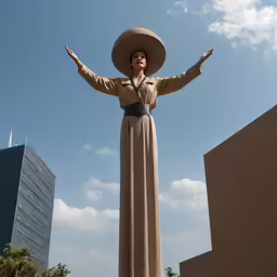 a woman standing with her arms out, in a big dress and hat