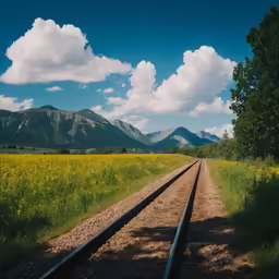 a train track running through the middle of a yellow field