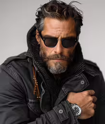 a bearded man with sunglasses on his face,the man with sunglasses has a jacket and hoodie