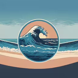 a painting of a large blue wave in the ocean,a hand holding an illustration of a wave coming into the shore