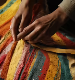 the hand is sews a rainbow colored blanket