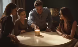 four people gathered around a table in a house