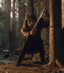 a woman holding a sword is squatting in a forest
