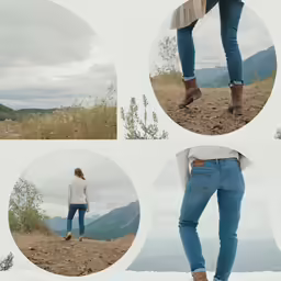 four images show various pictures, one a woman standing in a field with boots and sweater on