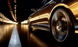 a golden car is going down a road