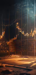 a computer generated image of gold lines of an upward graph,city lights in gold are reflected in the glass