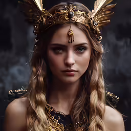 a beautiful young woman wearing a crown with long wavy hair