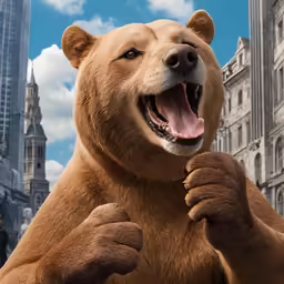 large teddy bear giving the thumbs up in front of large buildings