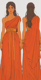 a drawing of two women in orange dresses