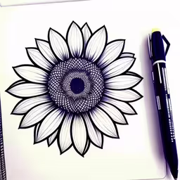 an artfully colored drawing of a flower, surrounded by a bullet pen