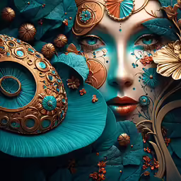 the face of a woman with blue and gold paint