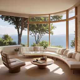 a large window in the corner of a white living room with couches