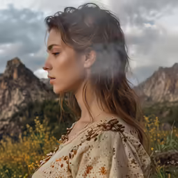 a woman standing on a field next to mountains
