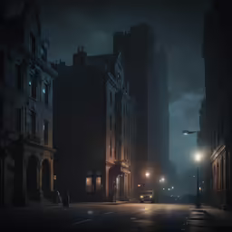 the city street is empty in dark on a rainy day