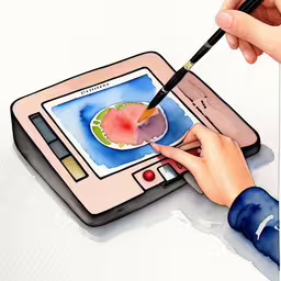 someone using pencil to draw food pictures on a tablet,a hand is holding a brush and paints a picture on a tablet