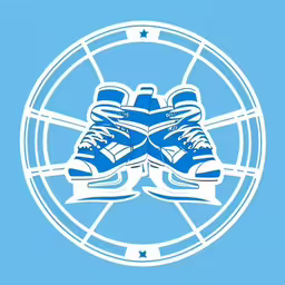 blue sneakers on a basketball ball inside a circle