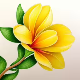 the painting is of a bright yellow flower on a green stem,a drawing of a yellow flower with green leaves