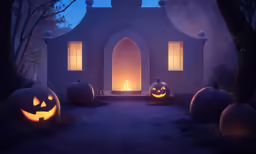 halloween pumpkins are lit up near an archway at night