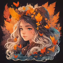 the painting is of a girl with autumn leaves on her head