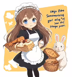 a little girl in an apron holding bread and some bunny