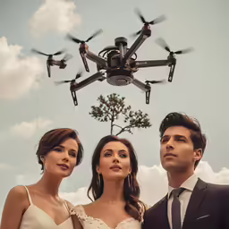 an adult couple standing next to each other with a flying robot overhead