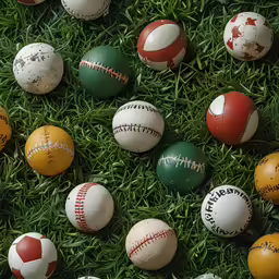 balls and pins lay on grass with writing on them