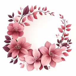 pink flowers and leaves in a round frame