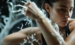 a woman water splashes all over her body