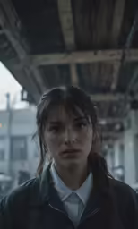 a young lady stands in a station, with a ponytail in her hair