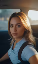 a woman sitting in the back seat of a car with her head down and looking at something