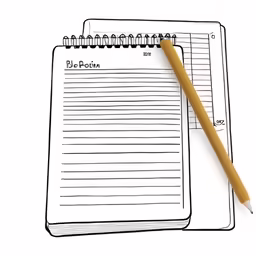notebook and pen next to a large piece of lined paper