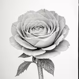 a large white rose on a stem with leaves