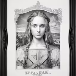 a woman with long hair and a very big head