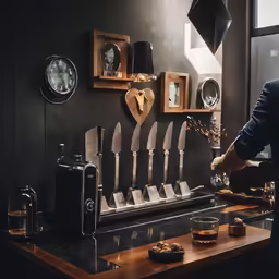 a man stands by a coffee table filled with different items
