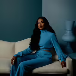 woman in blue sitting on the couch