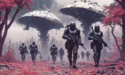 a group of people in the distance walking on a field