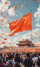 a large crowd of people are in front of a chinese building with red flags and orange flags flying above