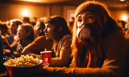 people watch and sit down at a movie,people wearing masks at a movie with popcorn and drink