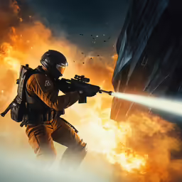 a man in yellow clothes holding a rifle on top of a fire filled city